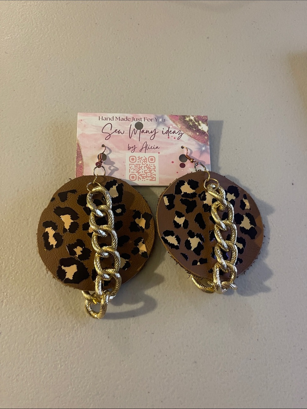 Handmade Brown Leopard Print Leather Earrings with Gold Chain -